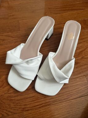 White Twist Strap Block Heel Mules - Women